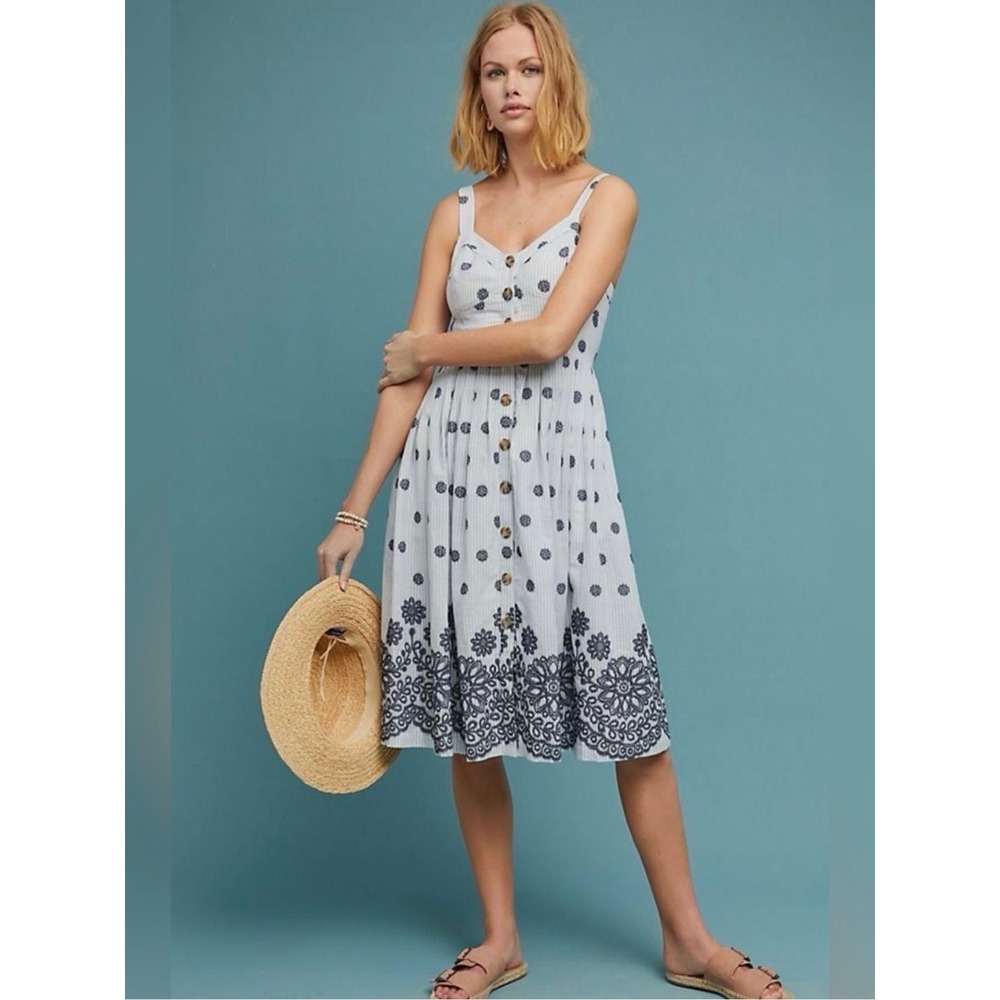 Anthropologie Maeve Savoy Embroidered Button Front Midi Dress Size 6